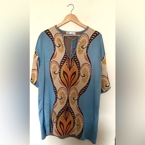 Zara Jacquard Kenia Mini Tunic Dress Womens Blue and Orange Patterned Sz Large - Picture 2 of 12
